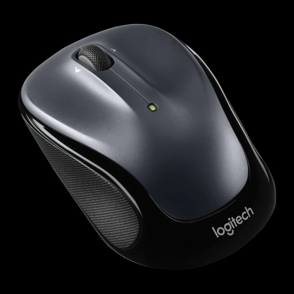 Logitech Ratón M325s Inalámbrico gris oscuro, vista diagonal lateral izquierda: perfil del cuerpo gris, rueda y LED verde