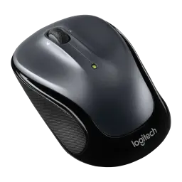 Logitech Ratón M325s Inalámbrico gris oscuro, vista diagonal lateral izquierda: perfil del cuerpo gris, rueda y LED verde