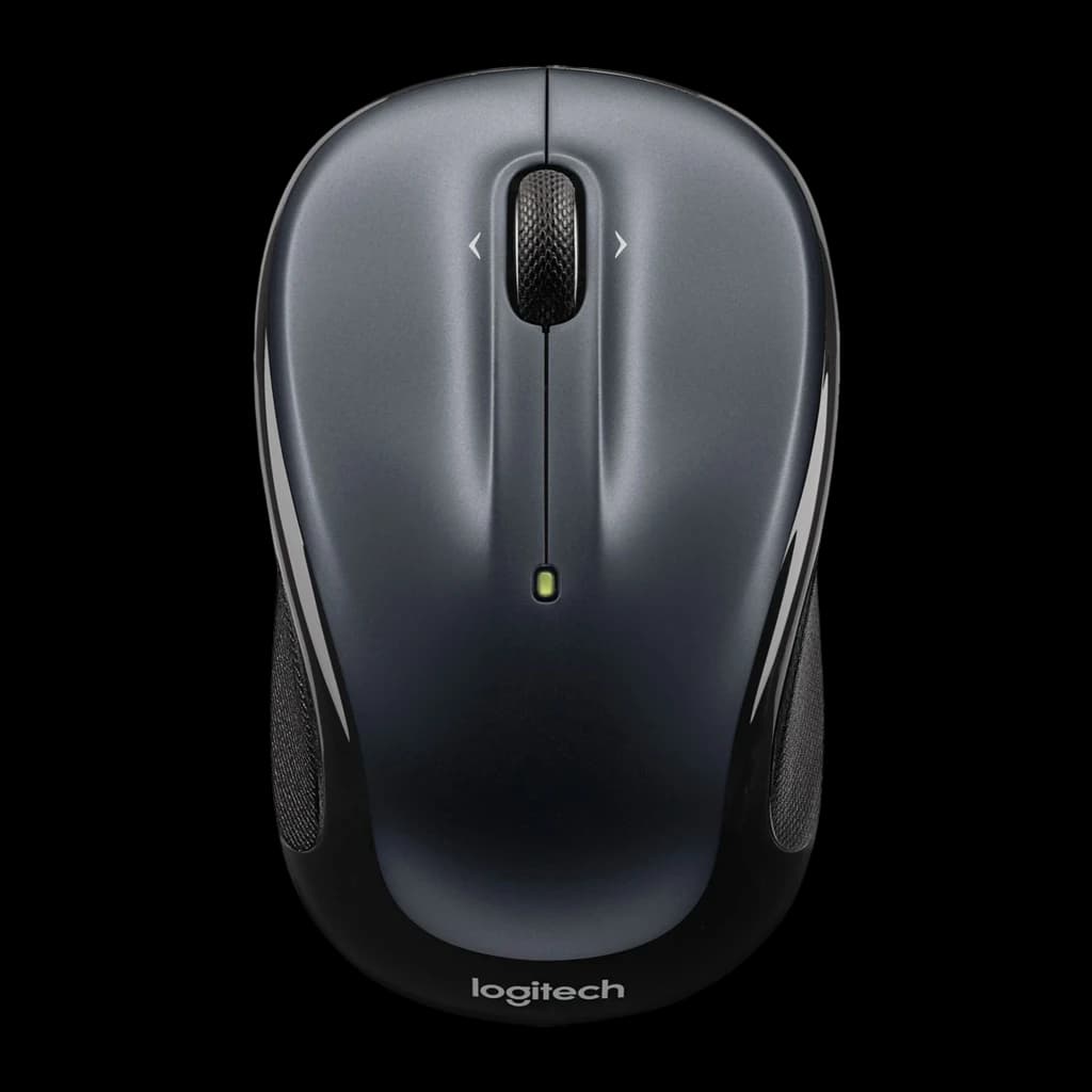 Logitech Ratón M325s Inalámbrico gris oscuro, vista superior centrada: rueda con flechas laterales, LED verde y zonas de