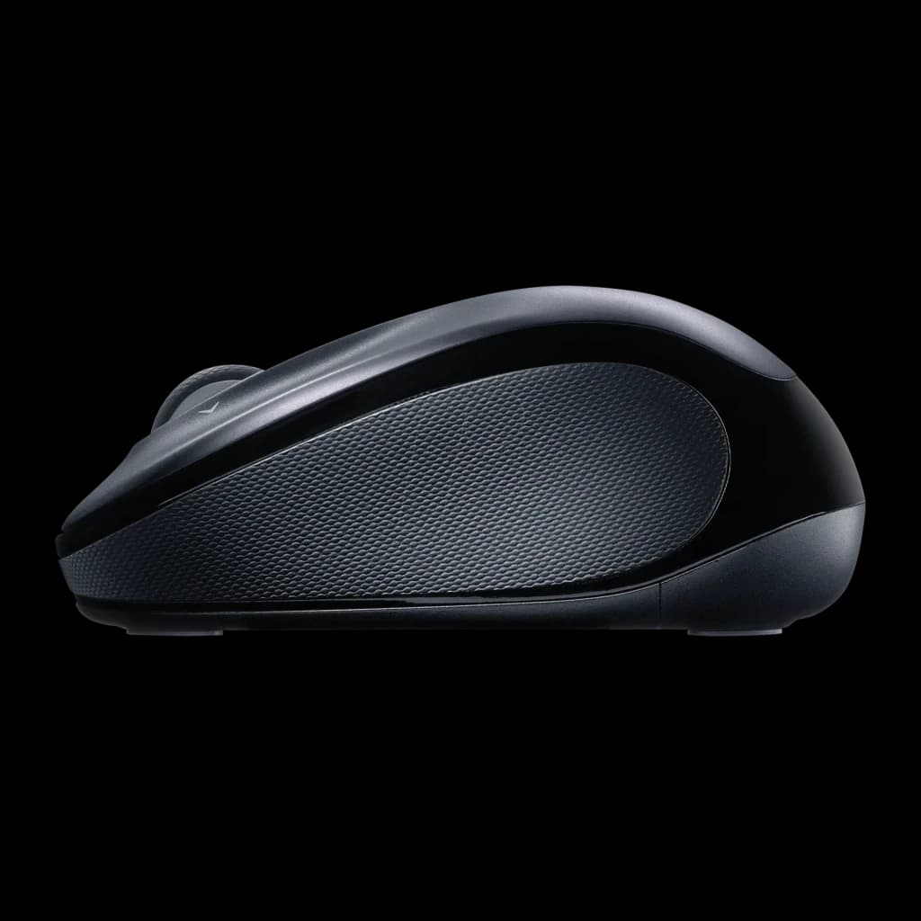 Logitech Ratón M325s Inalámbrico gris oscuro, vista lateral: textura cuadriculada del panel superior y perfil ergonómico