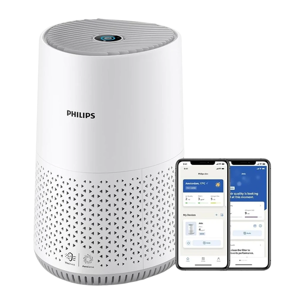 Philips Purificador Série 600 AC0651 Branco, vista frontal: grelha inferior triangular, painel superior cinza e botão azul - Item3