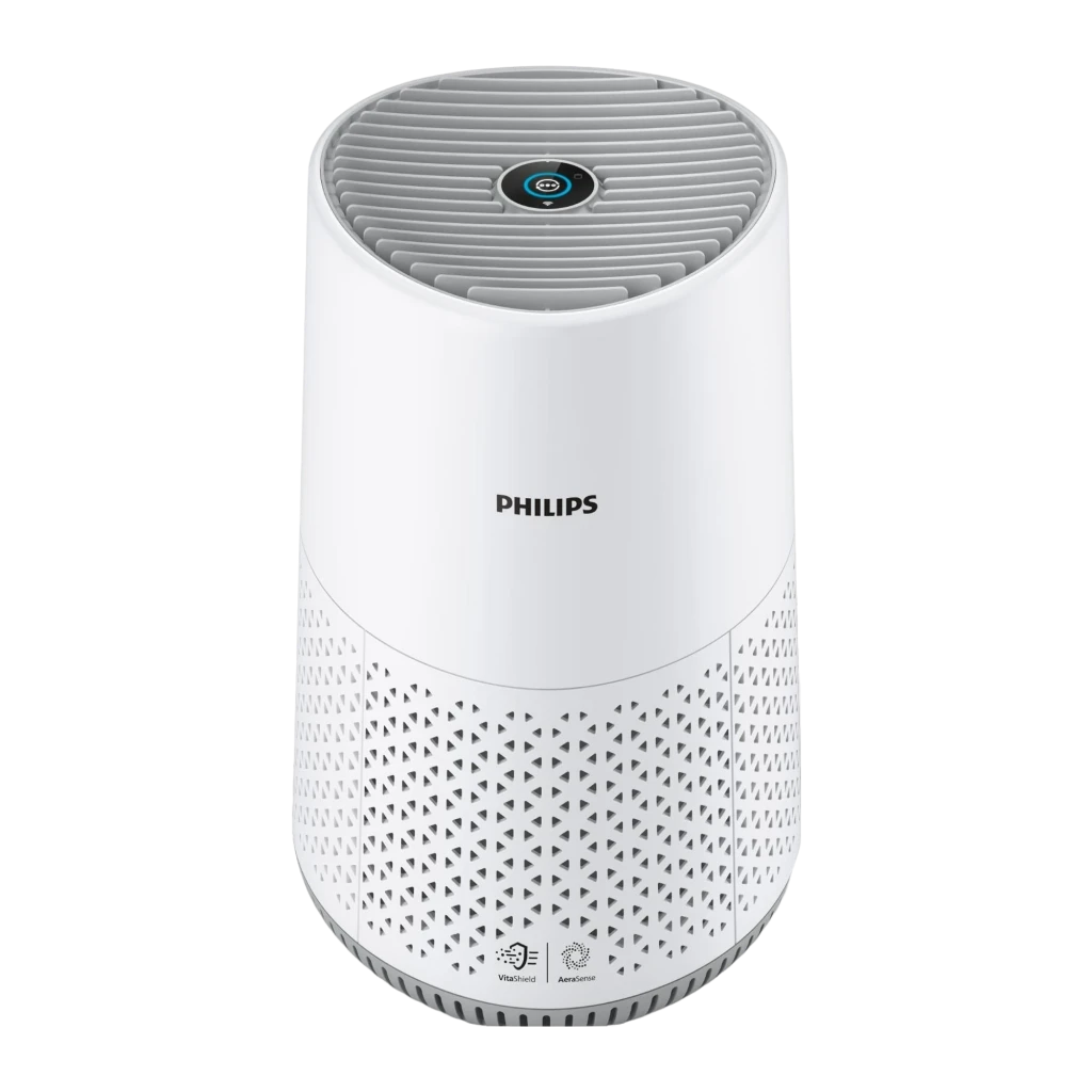 Philips Purificador Série 600 AC0651 Branco, vista frontal: grelha inferior triangular, painel superior cinza e botão azul - Item1