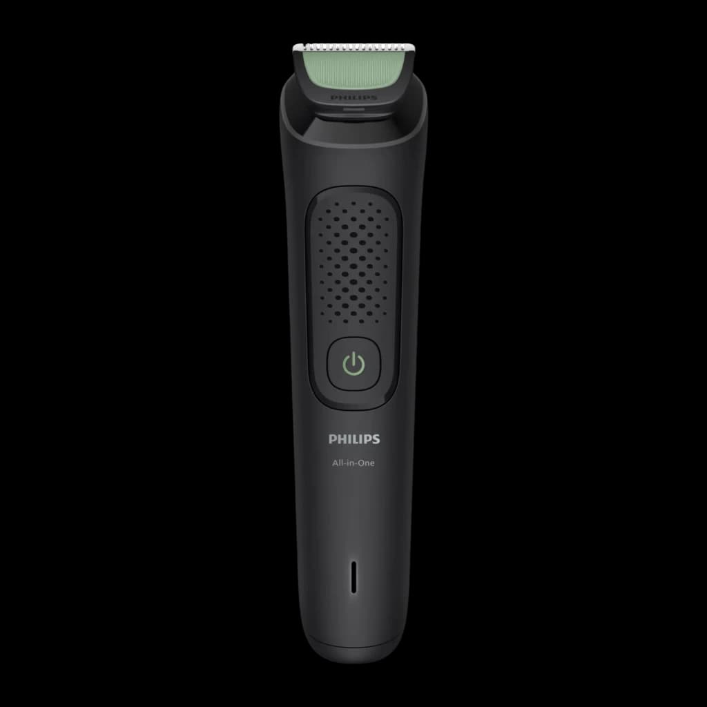 Philips Tondeuse All-in-One 3000 Series MG3935/15 noir, vue de face: corps entier, grille ventilée, bouton vert et peigne