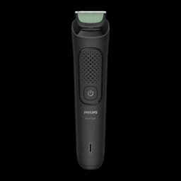 Philips Tondeuse All-in-One 3000 Series MG3935/15 noir, vue de face: corps entier, grille ventilée, bouton vert et peigne