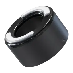 Therabody TheraFace Hot & Cold Ring noir, vue en perspective: anneau métallique argenté sur corps cylindrique mat avec icône