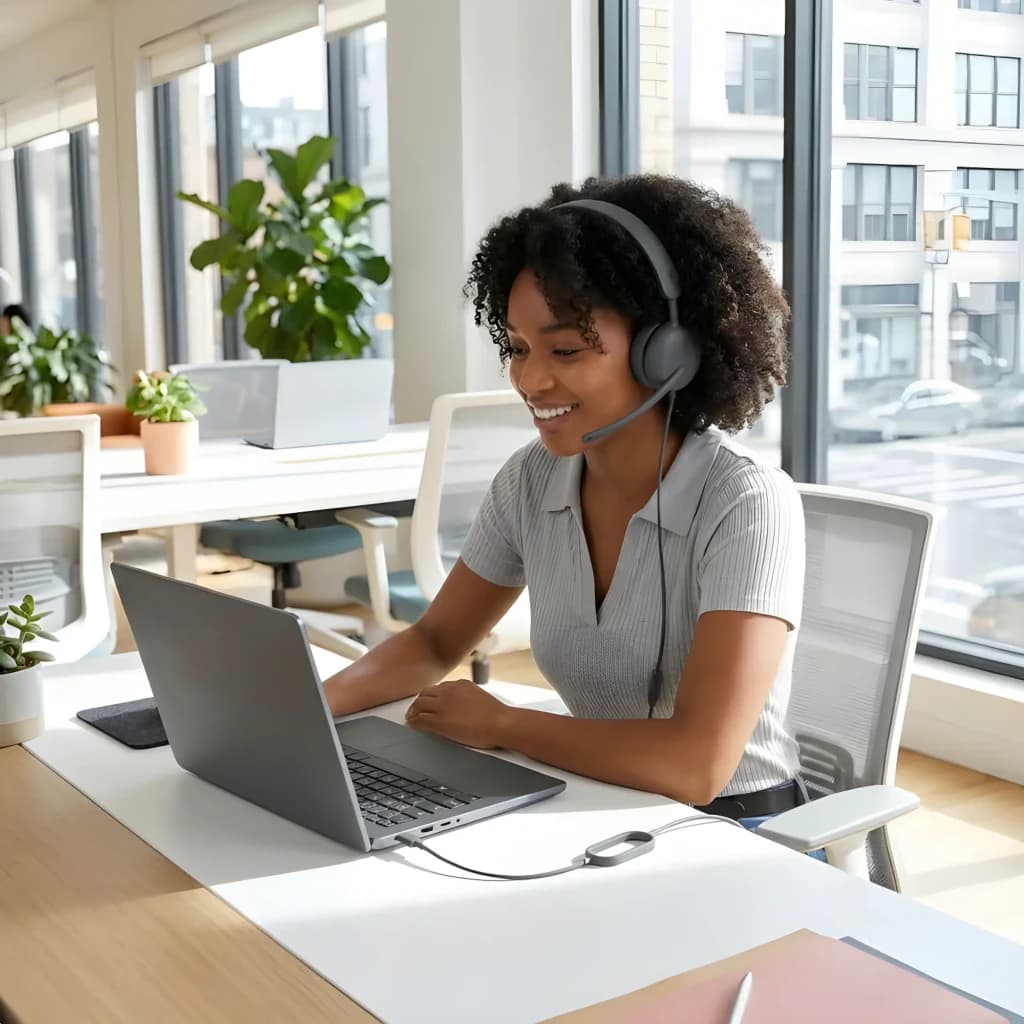 Logitech Headset Zone Wired 2 for Business Grafite, uso em escritório: mulher com headset cinza e microfone a trabalhar no