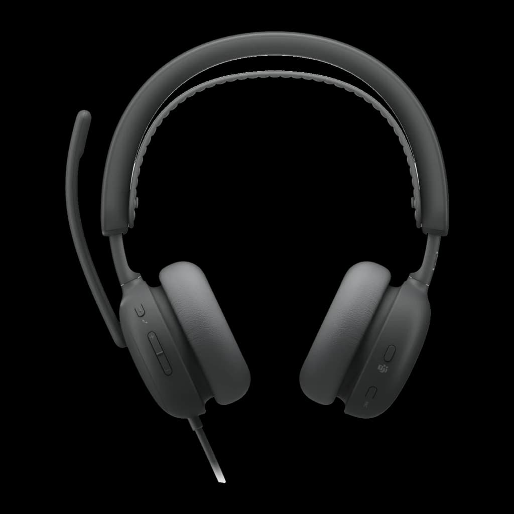 Logitech Headset Zone Wired 2 for Business Grafite, vista frontal: headset cinza com microfone boom esquerdo e controlos na