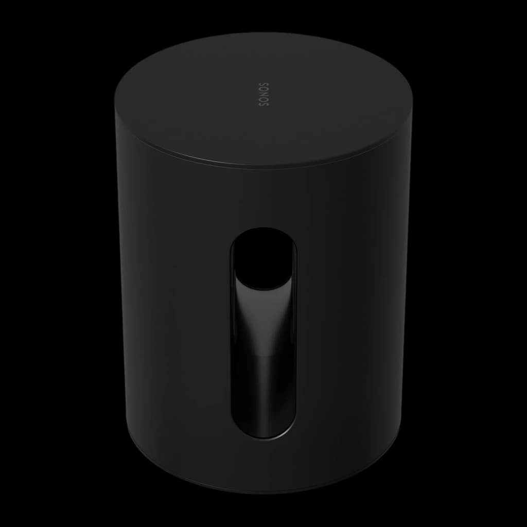 Sonos Sub Mini noir, vue en perspective: corps cylindrique mat avec fente de port bass reflex central et logo sur le dessus
