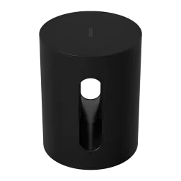 Sonos Sub Mini noir, vue en perspective: corps cylindrique mat avec fente de port bass reflex central et logo sur le dessus