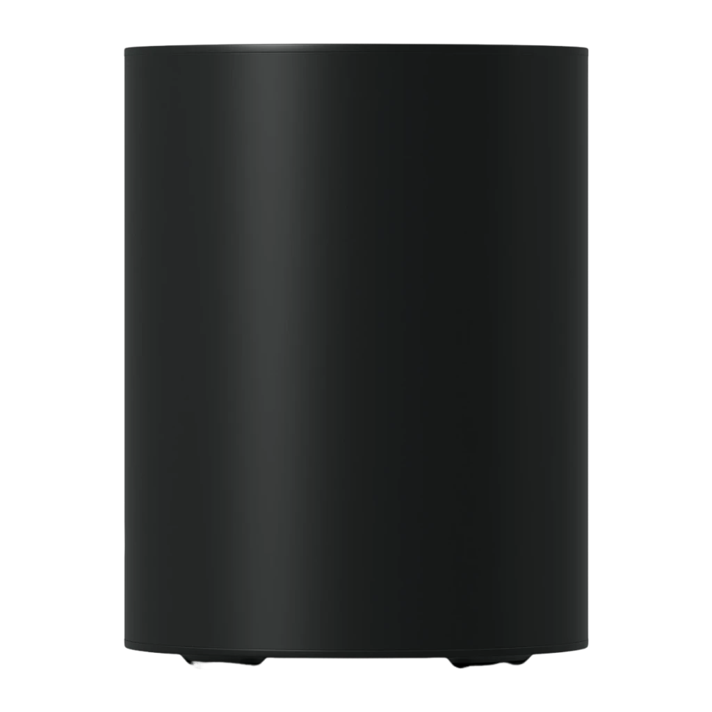 Sonos Sub Mini noir, vue en perspective: corps cylindrique mat avec fente de port bass reflex central et logo sur le dessus - Ítem1