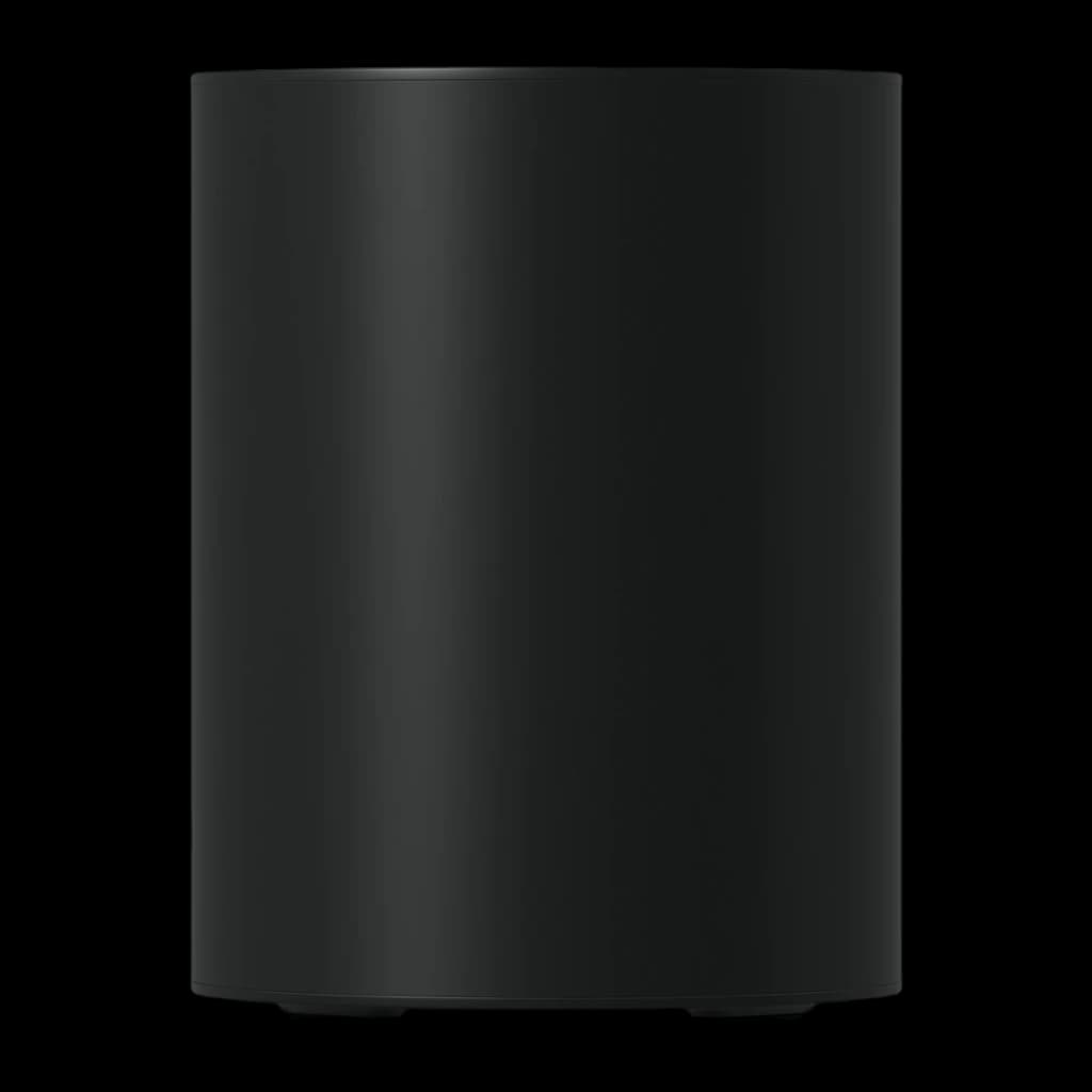 Sonos Sub Mini noir, vue de face: surface cylindrique lisse et mate sans fente visible, finition uniforme
