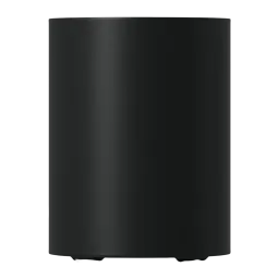 Sonos Sub Mini noir, vue de face: surface cylindrique lisse et mate sans fente visible, finition uniforme
