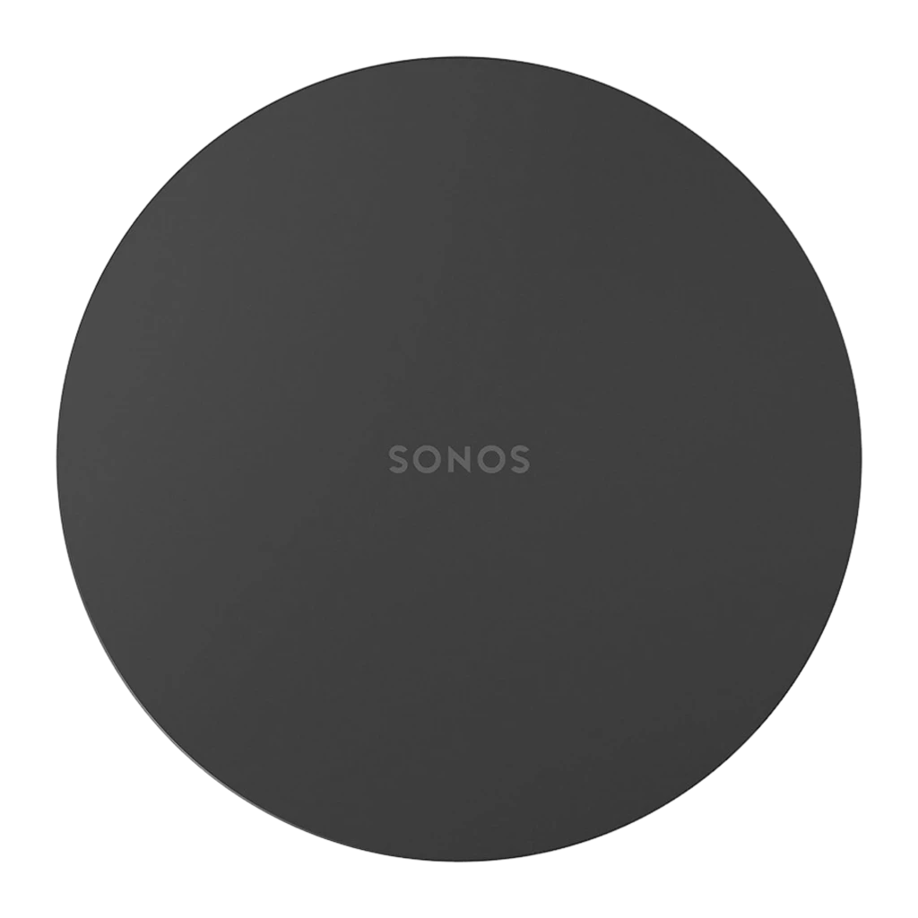 Sonos Sub Mini noir, vue en perspective: corps cylindrique mat avec fente de port bass reflex central et logo sur le dessus - Ítem2
