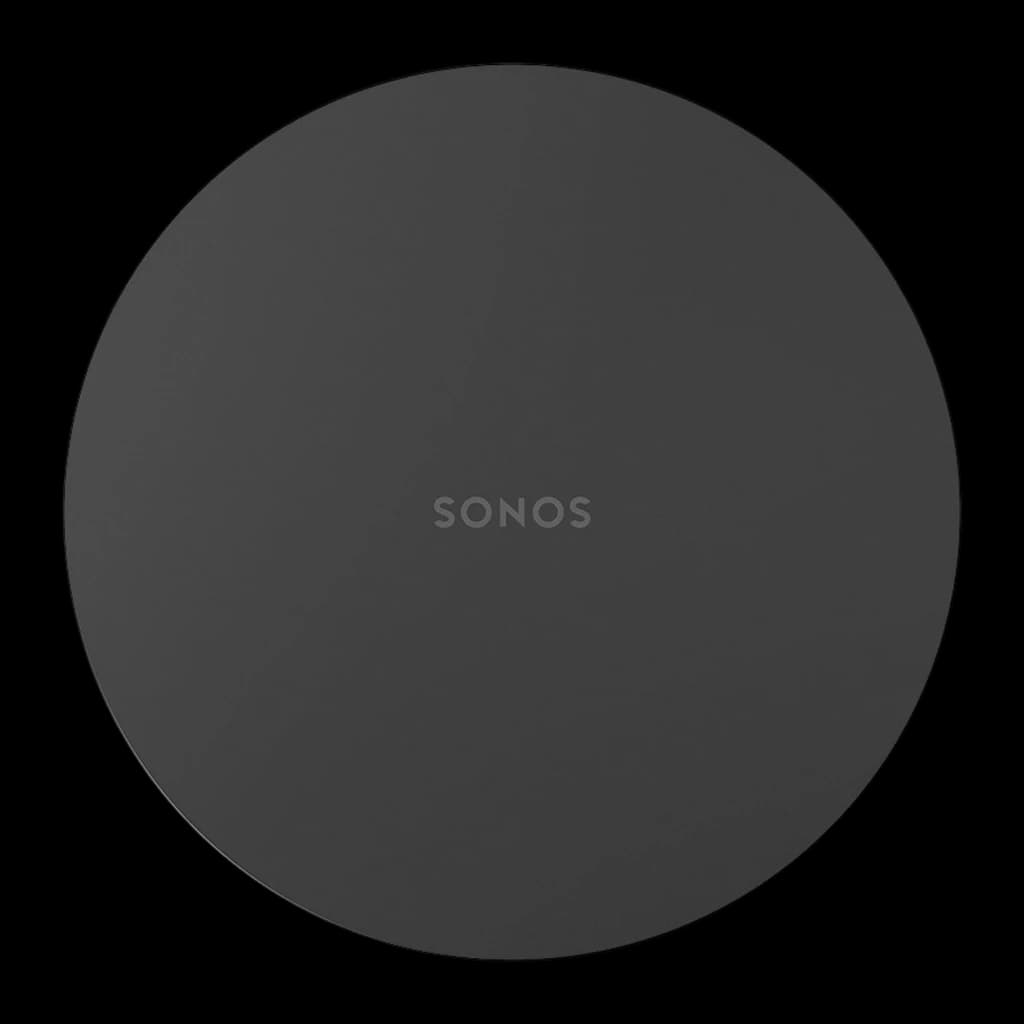 Sonos Sub Mini noir, vue du dessus: couvercle circulaire gris anthracite avec logo Sonos centré en relief subtil