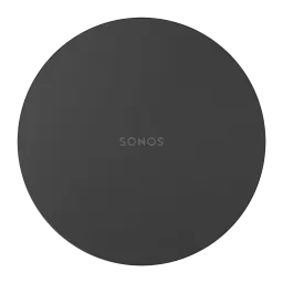 Sonos Sub Mini noir, vue du dessus: couvercle circulaire gris anthracite avec logo Sonos centré en relief subtil