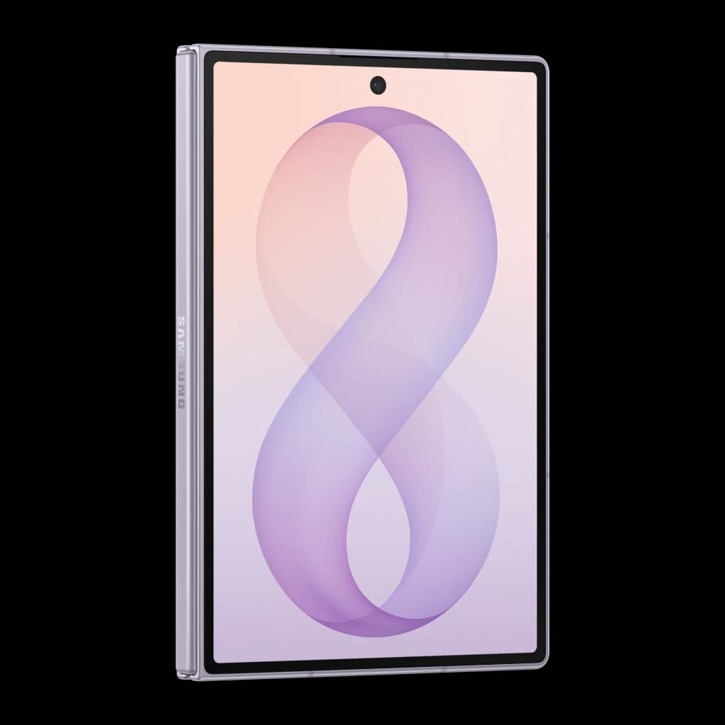 Samsung Galaxy Z Fold8 5G 256GB Lavanda, vista frontal em ângulo: ecrã exterior aberto com fundo degradê roxo e câmara