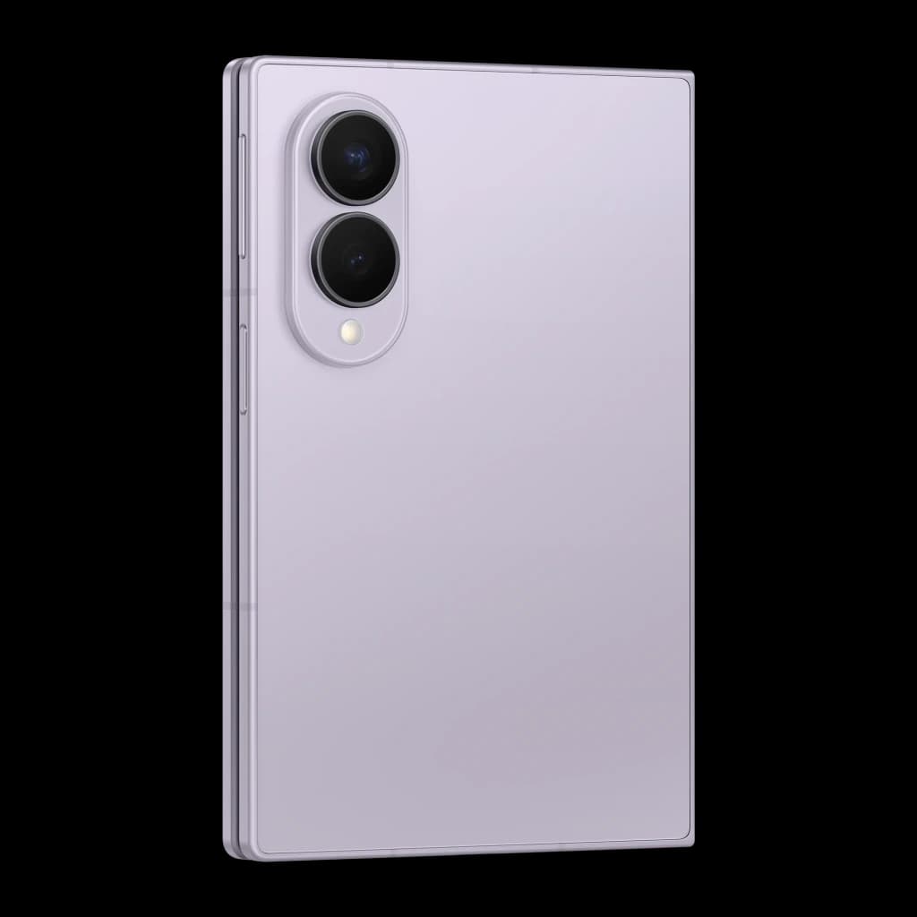 Samsung Galaxy Z Fold8 256GB roxo, vista traseira em ângulo: módulo de câmeras oval com 2 lentes e flash, corpo dobrado