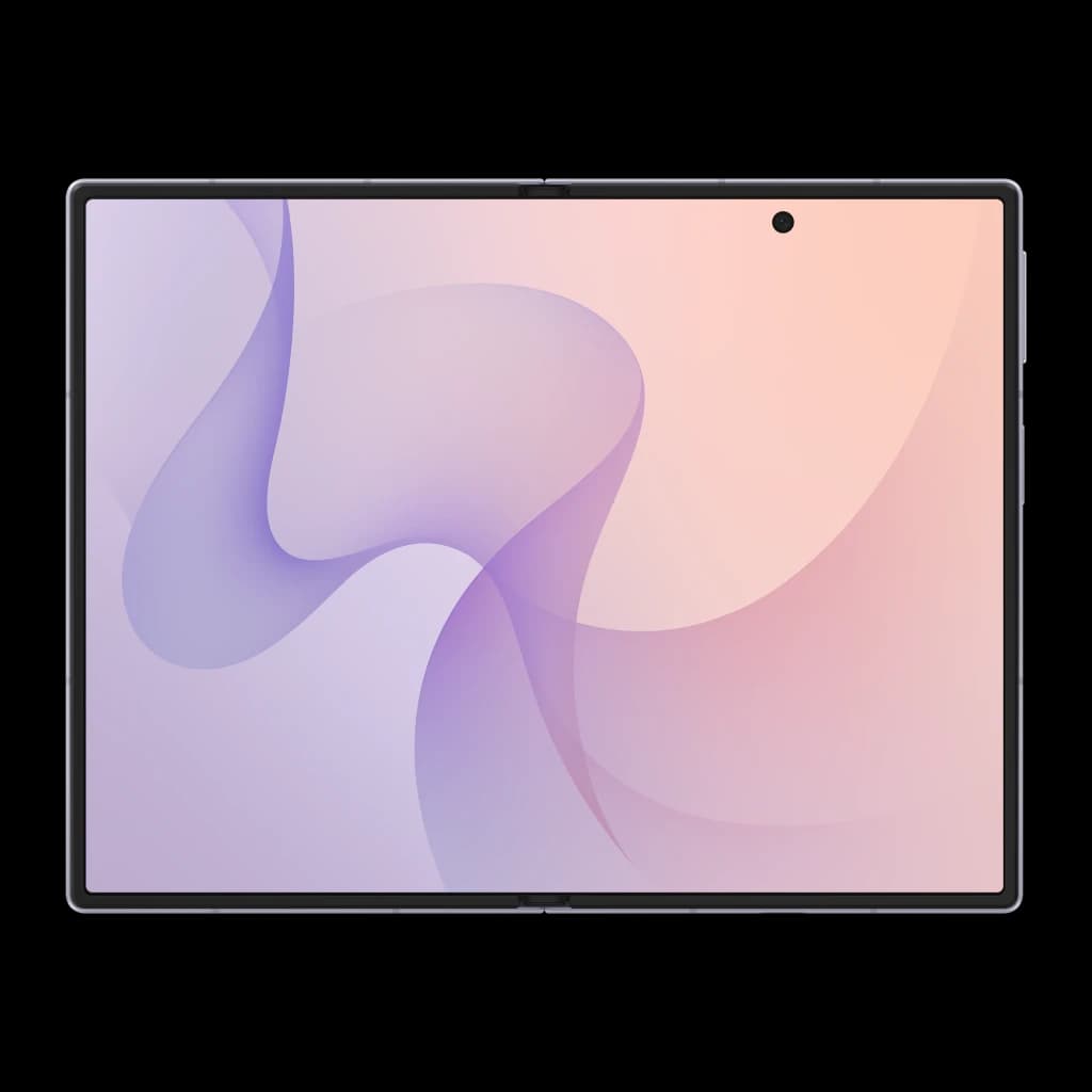 Samsung Galaxy Z Fold8 5G 256GB Lavanda, vista frontal aberto: ecrã interior desdobrado com wallpaper degradê roxo e rosa