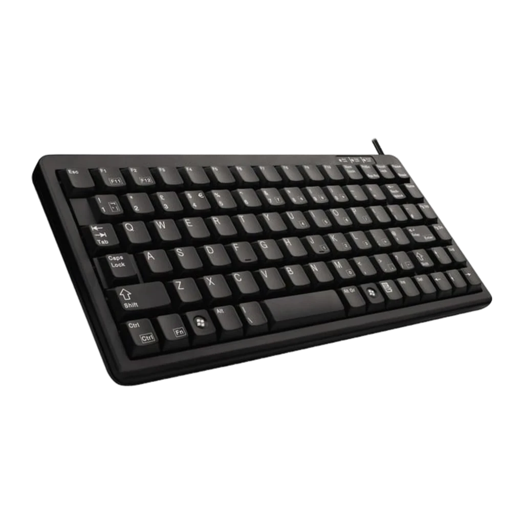 Cherry Compact Keyboard Combo USB PS/2 QWERTY ES noir, vue de dessus: disposition complète des touches et câble en coin droit - Ítem1