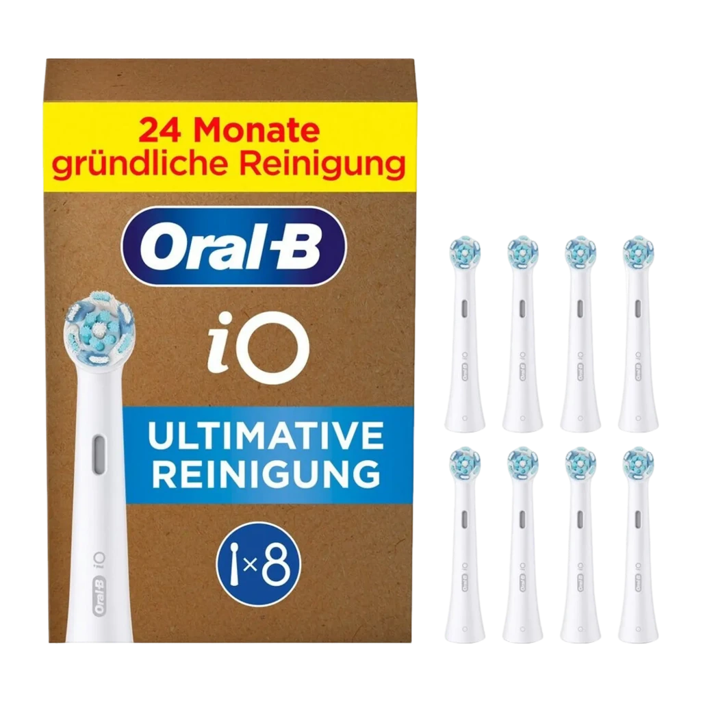 Oral-B iO Ultimate Clean 8 uds Blanco, vista frontal: 8 cabezales en dos filas, cerdas azules y logo iO - Ítem1