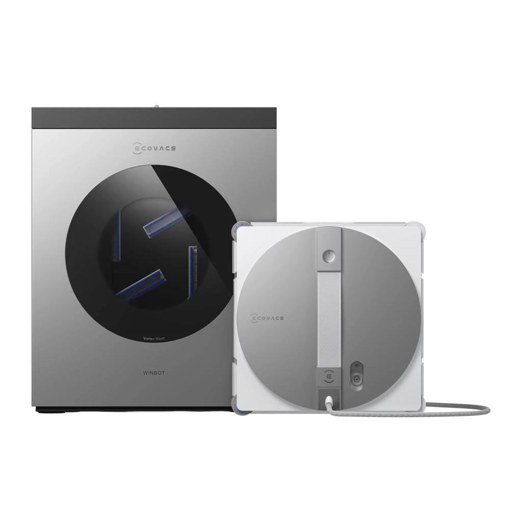 Ecovacs Winbot W3 Omni argent, vue de face: corps argenté, cercle noir central avec raclettes bleues Vortex Wash - Ítem2