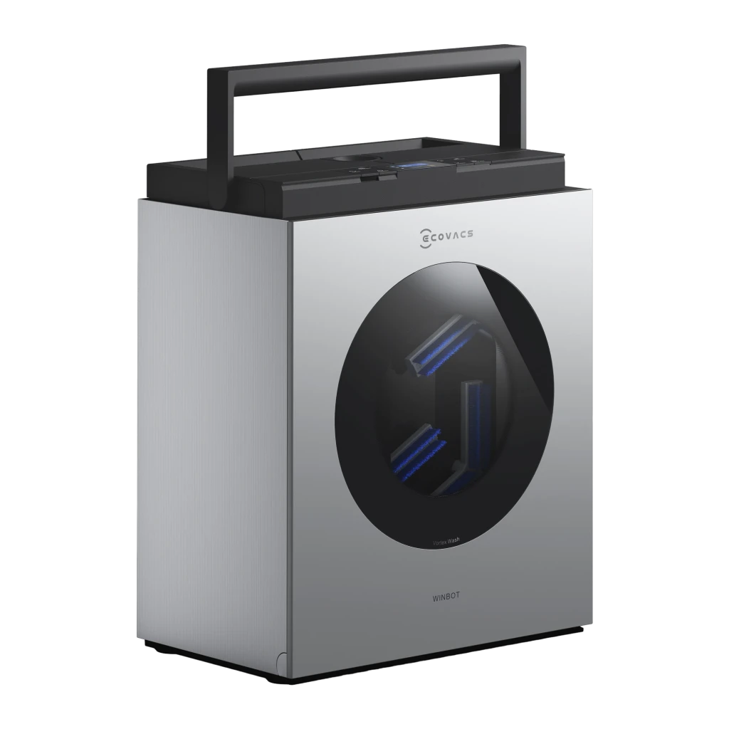 Ecovacs Winbot W3 Omni argent, vue de face: corps argenté, cercle noir central avec raclettes bleues Vortex Wash - Ítem1