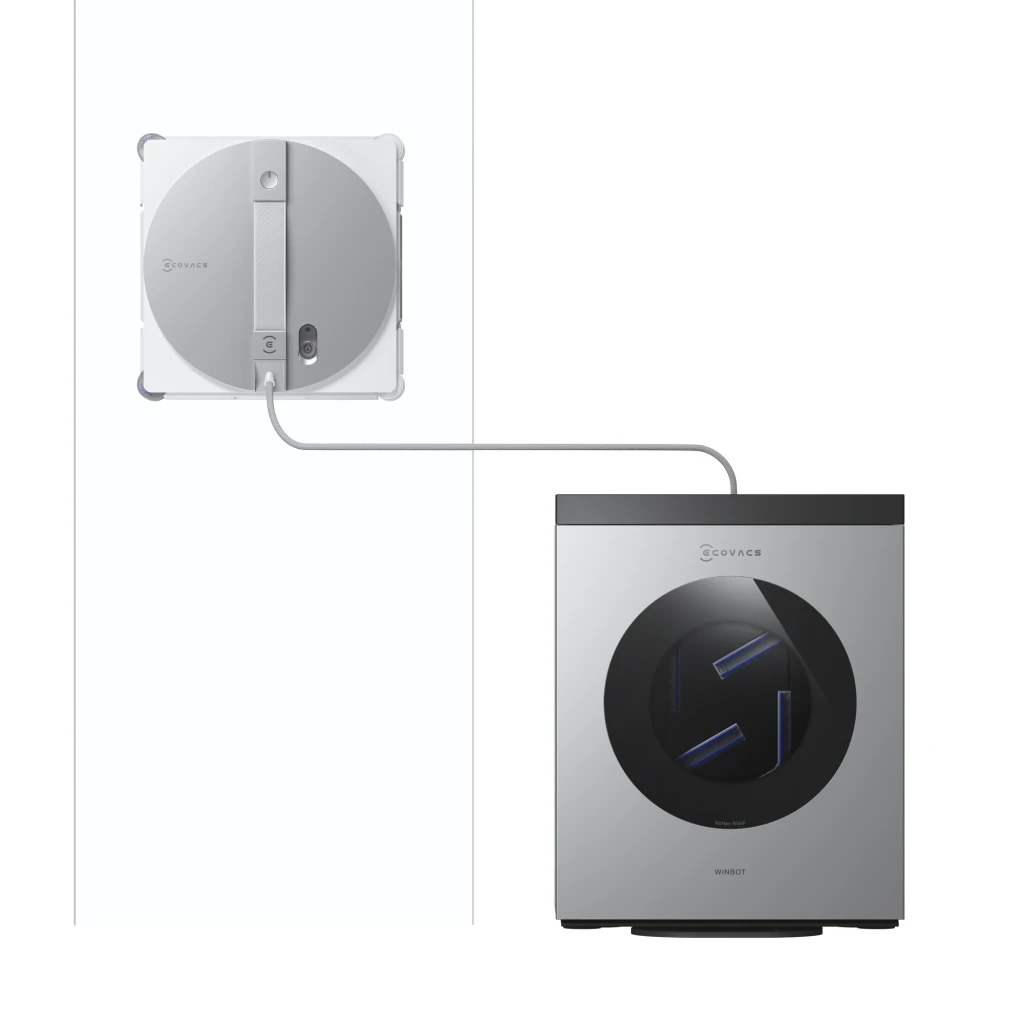 Ecovacs Winbot W3 Omni argent, vue de face: corps argenté, cercle noir central avec raclettes bleues Vortex Wash - Ítem3