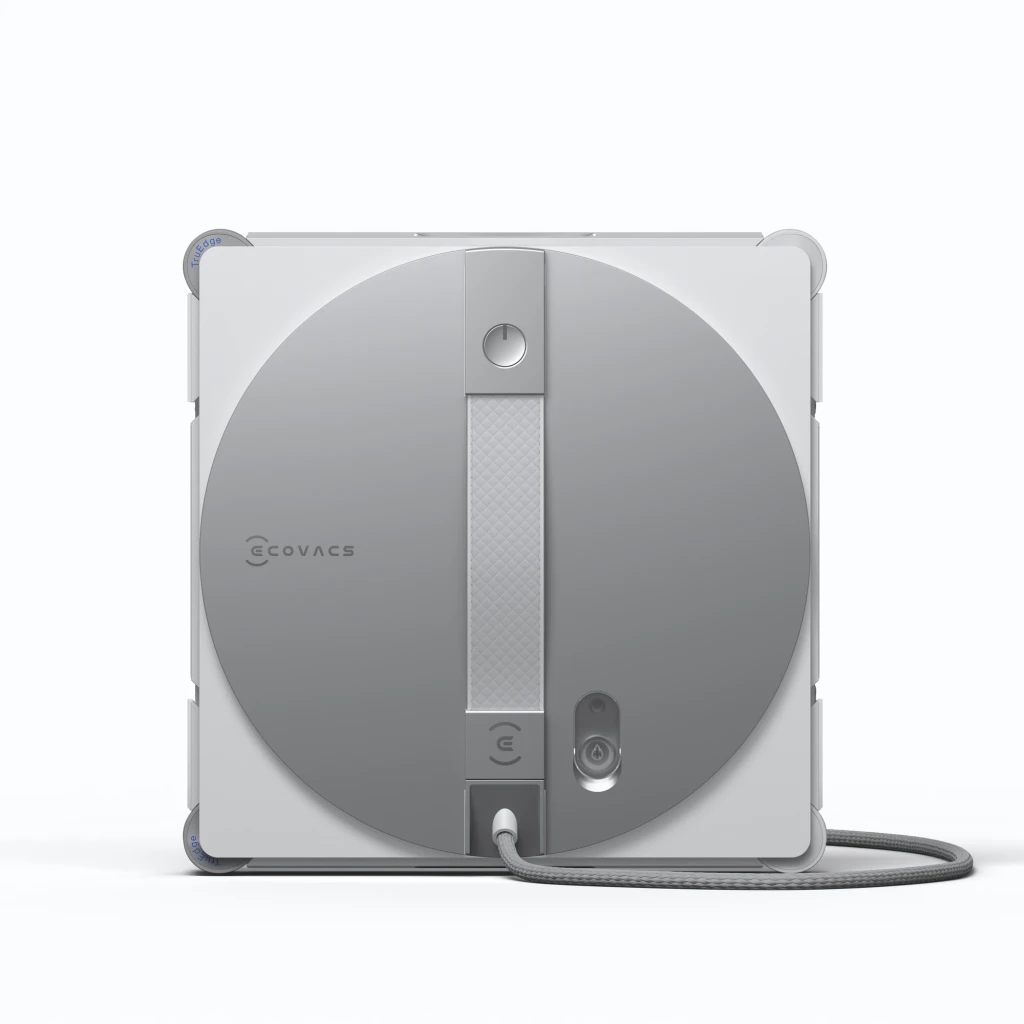 Ecovacs Winbot W3 Omni argent, vue de face: corps argenté, cercle noir central avec raclettes bleues Vortex Wash - Ítem4