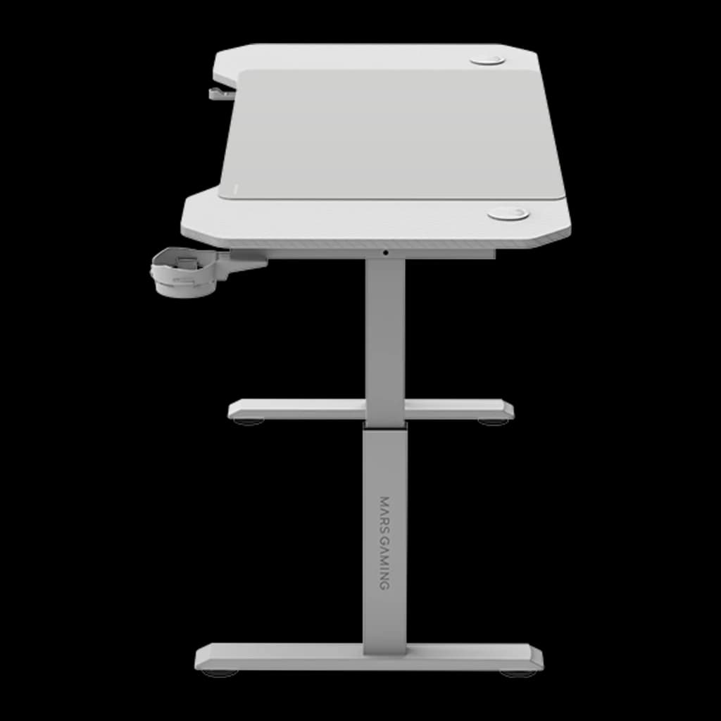 Mars Gaming MGD-ERGO120 120x60cm Blanco, vista lateral: perfil del tablero ergonómico, portavasos lateral y pata regulable