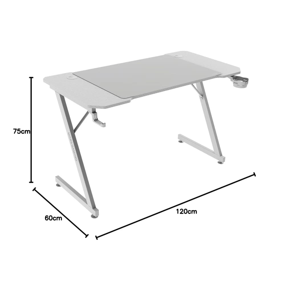 Mars Gaming Mesa Gaming MGD-ERGO120 120x60cm Blanco, vista lateral: cotas 120x60x75cm, patas Z metálicas y portavasos