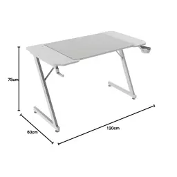 Mars Gaming Mesa Gaming MGD-ERGO120 120x60cm Blanco, vista lateral: cotas 120x60x75cm, patas Z metálicas y portavasos