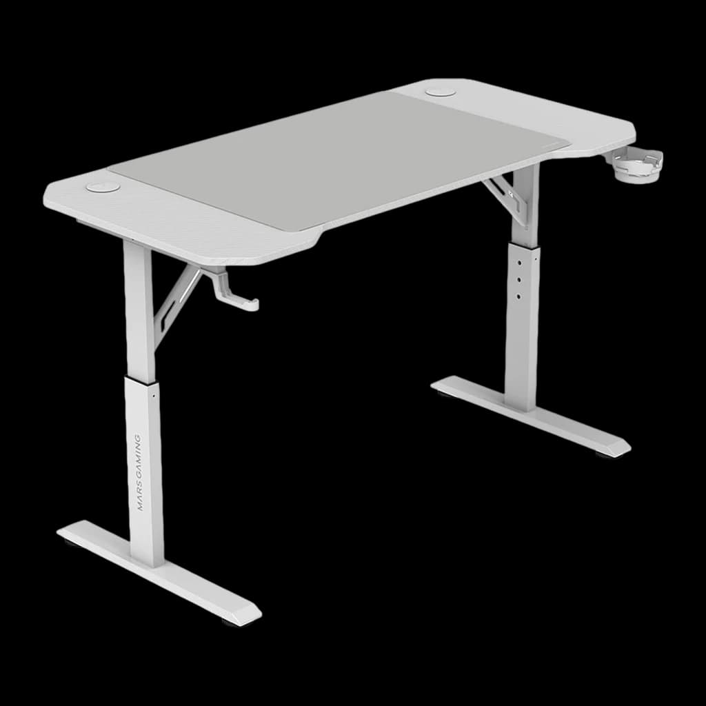Mars Gaming MGD-ERGO120 120x60cm Blanco, vista en perspectiva: superficie con textura, patas regulables, portavasos y gancho