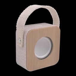 Mars Gaming MS-ECO Ecologic BT 5.1 Bamboo gris, vista frontal en ángulo: panel de bambú, altavoz circular y asa textil