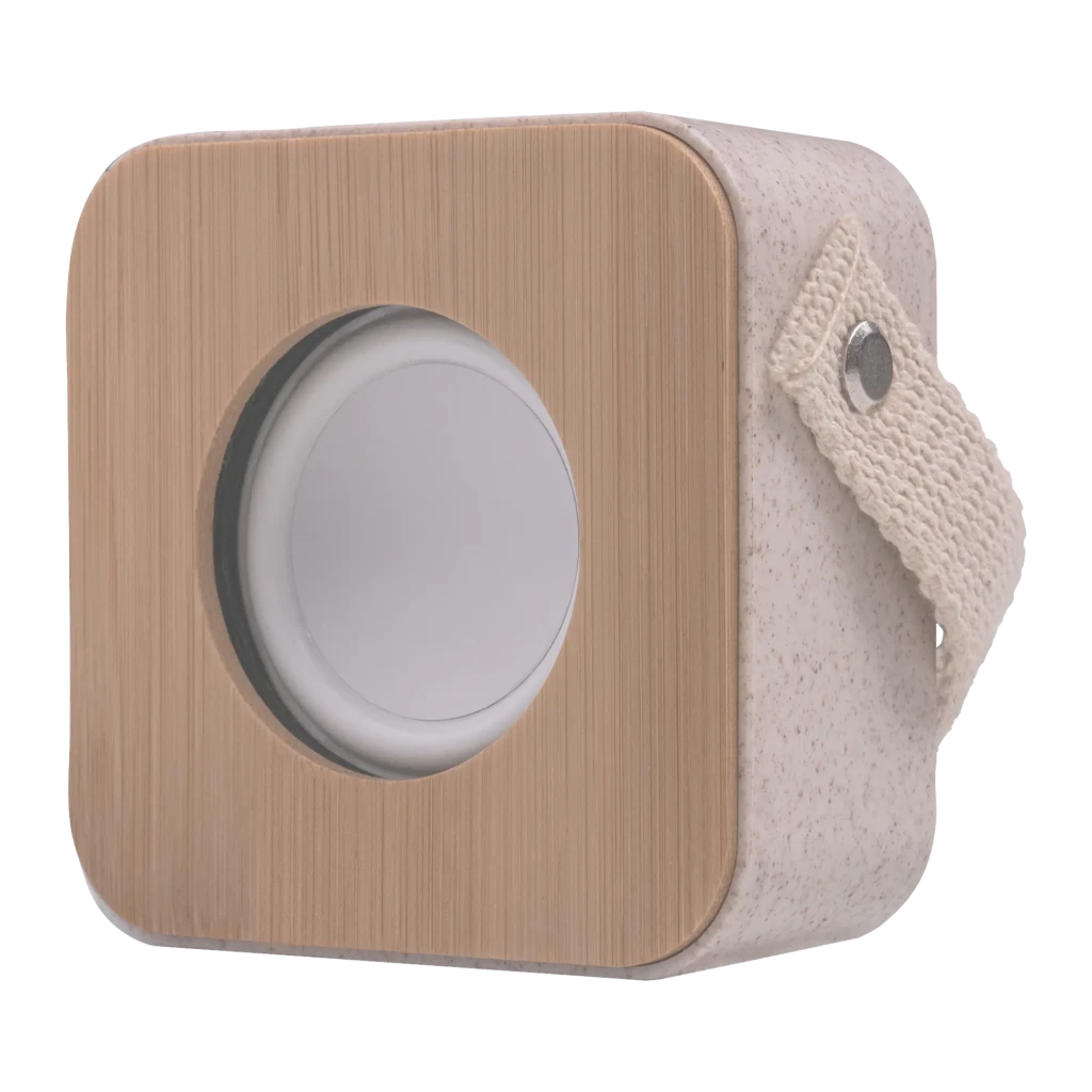 Mars Gaming MS-ECO Ecologic BT 5.1 Bamboo gris, vista frontal en ángulo: panel de bambú, altavoz circular y asa textil - Ítem1