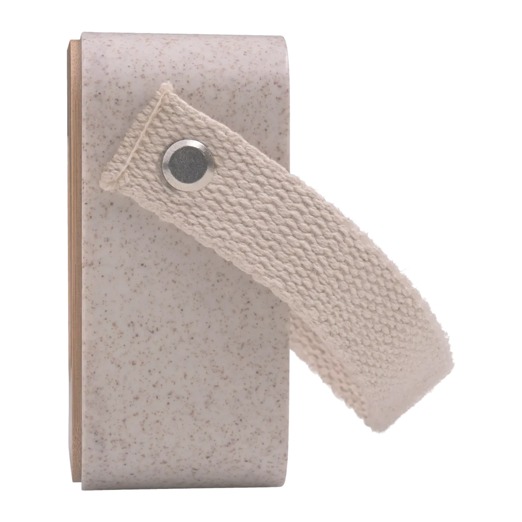 Mars Gaming MS-ECO Ecologic BT 5.1 Bamboo gris, vista frontal en ángulo: panel de bambú, altavoz circular y asa textil - Ítem3