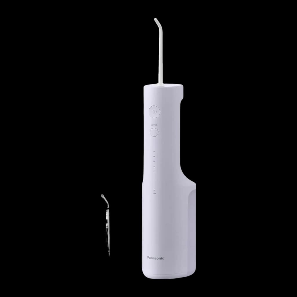 Panasonic Irrigateur buccal sans fil EW-DJ26 violet, vue de face: corps entier avec buse, boutons et accessoire