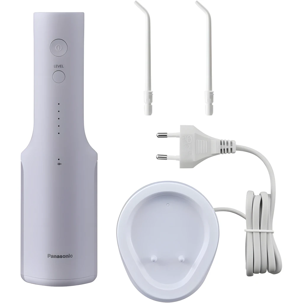 Panasonic Irrigateur buccal sans fil EW-DJ26 violet, vue de face: corps entier avec buse, boutons et accessoire - Ítem1