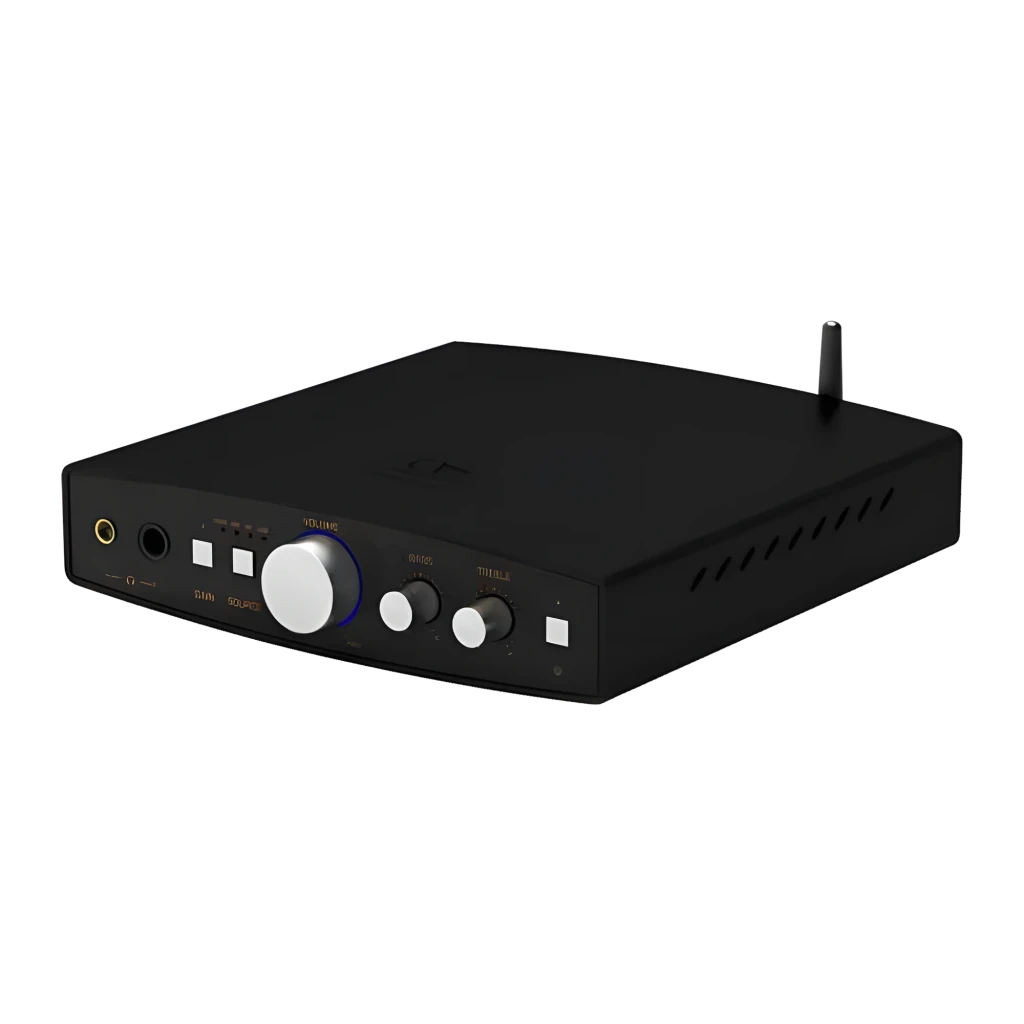 Shanling Amplificateur EH2 R2B noir, vue de face: panneau avec bouton de volume bleu, commandes Bass, Treble et antenne - Ítem1