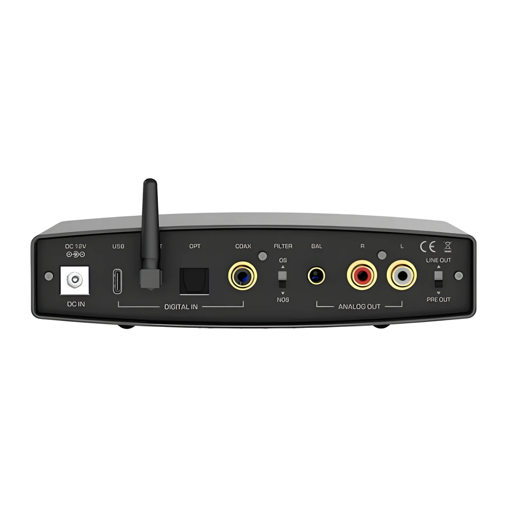 Shanling Amplificateur EH2 R2B noir, vue de face: panneau avec bouton de volume bleu, commandes Bass, Treble et antenne - Ítem2