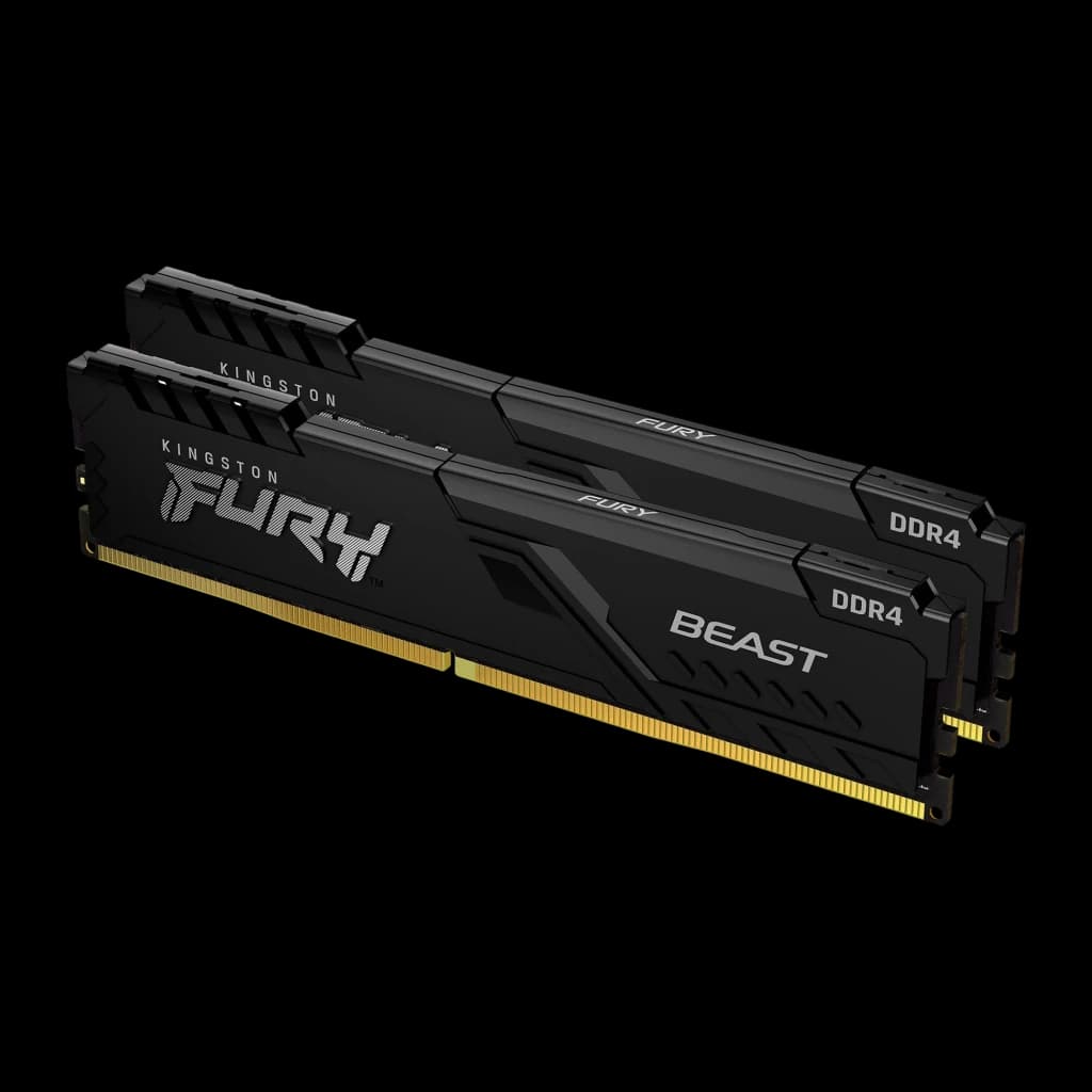 Kingston Fury Beast DDR4 64GB noir, vue en perspective: kit 2 modules avec dissipateur noir, logos FURY BEAST et contacts