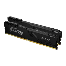 Kingston Fury Beast DDR4 64GB noir, vue en perspective: kit 2 modules avec dissipateur noir, logos FURY BEAST et contacts