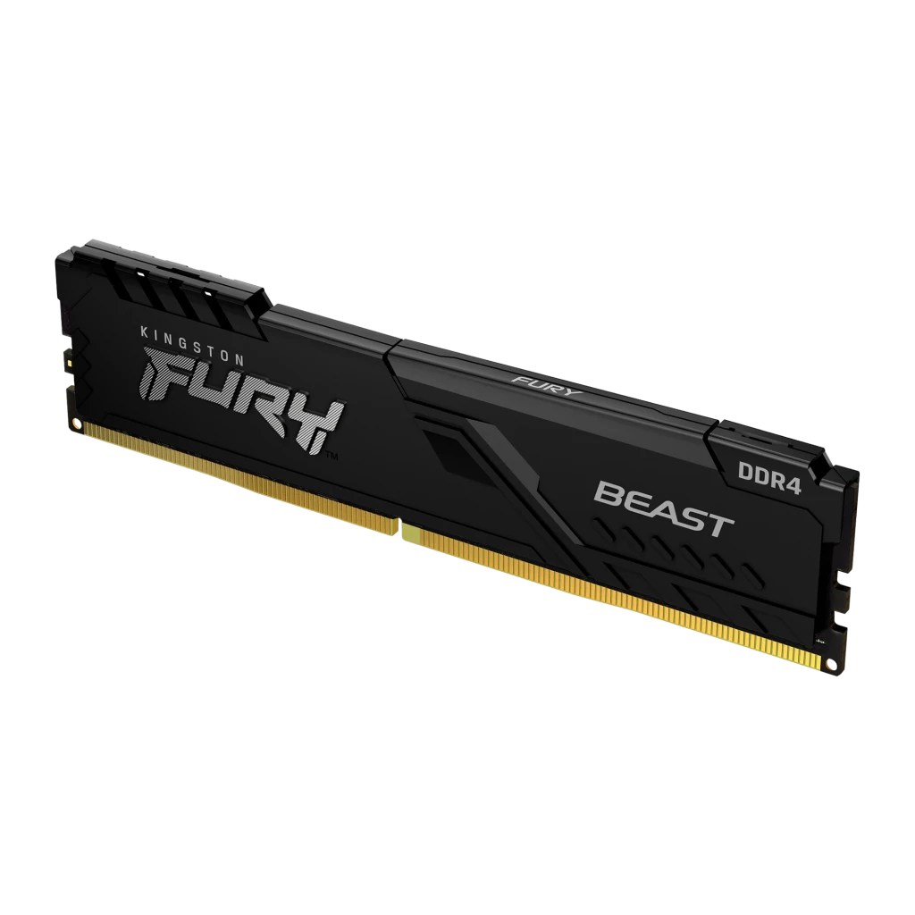 Kingston Fury Beast DDR4 64GB preto, vista em perspectiva: kit 2 módulos com dissipador preto, logos FURY BEAST e contatos - Item1