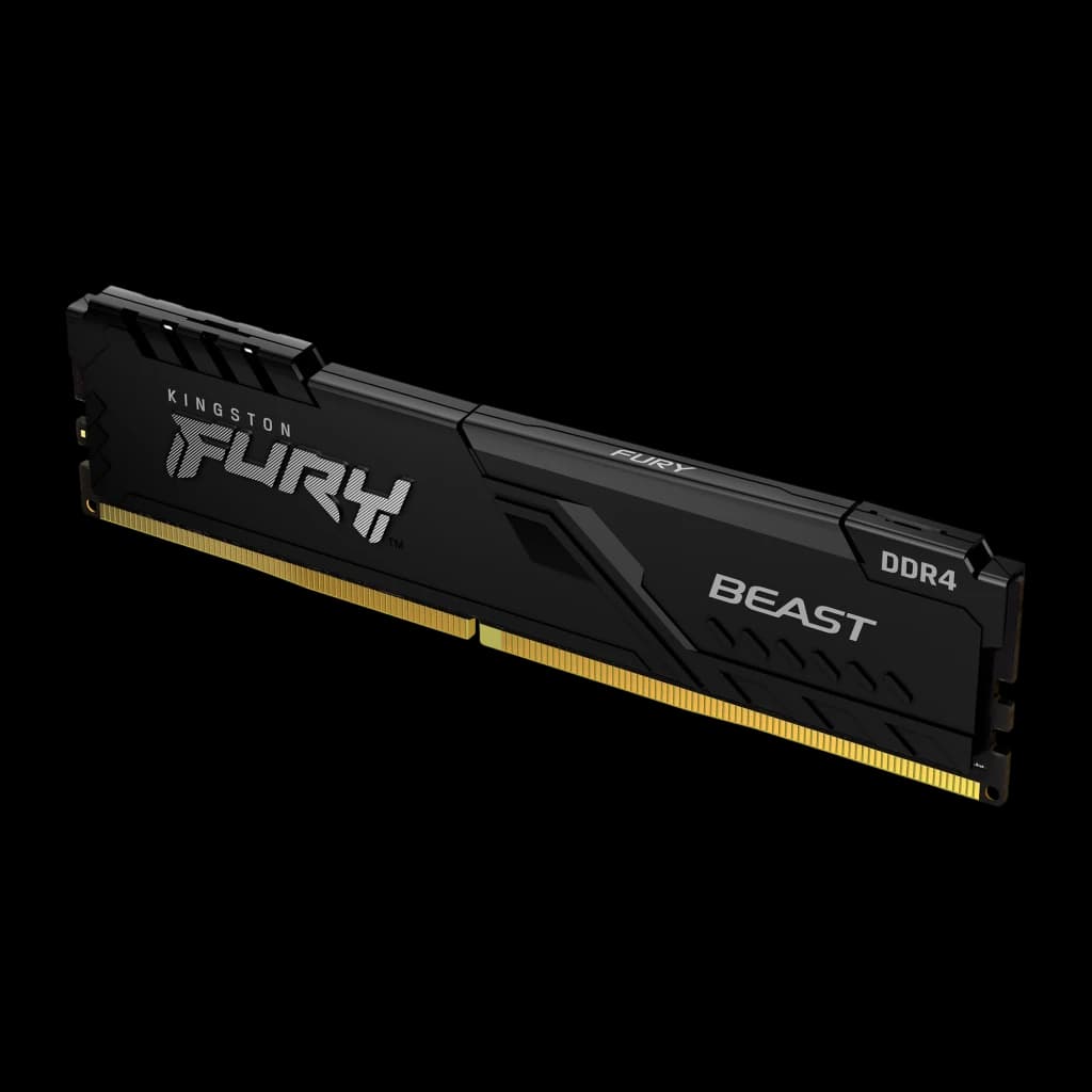 Kingston Fury Beast DDR4 64GB noir, vue en perspective: module unique avec dissipateur noir texturé, logo FURY BEAST et