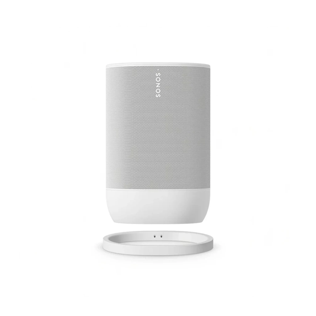 Sonos Move 2 blanc, vue de face: grille métallique perforée, base blanche et logo Sonos latéral - Ítem2