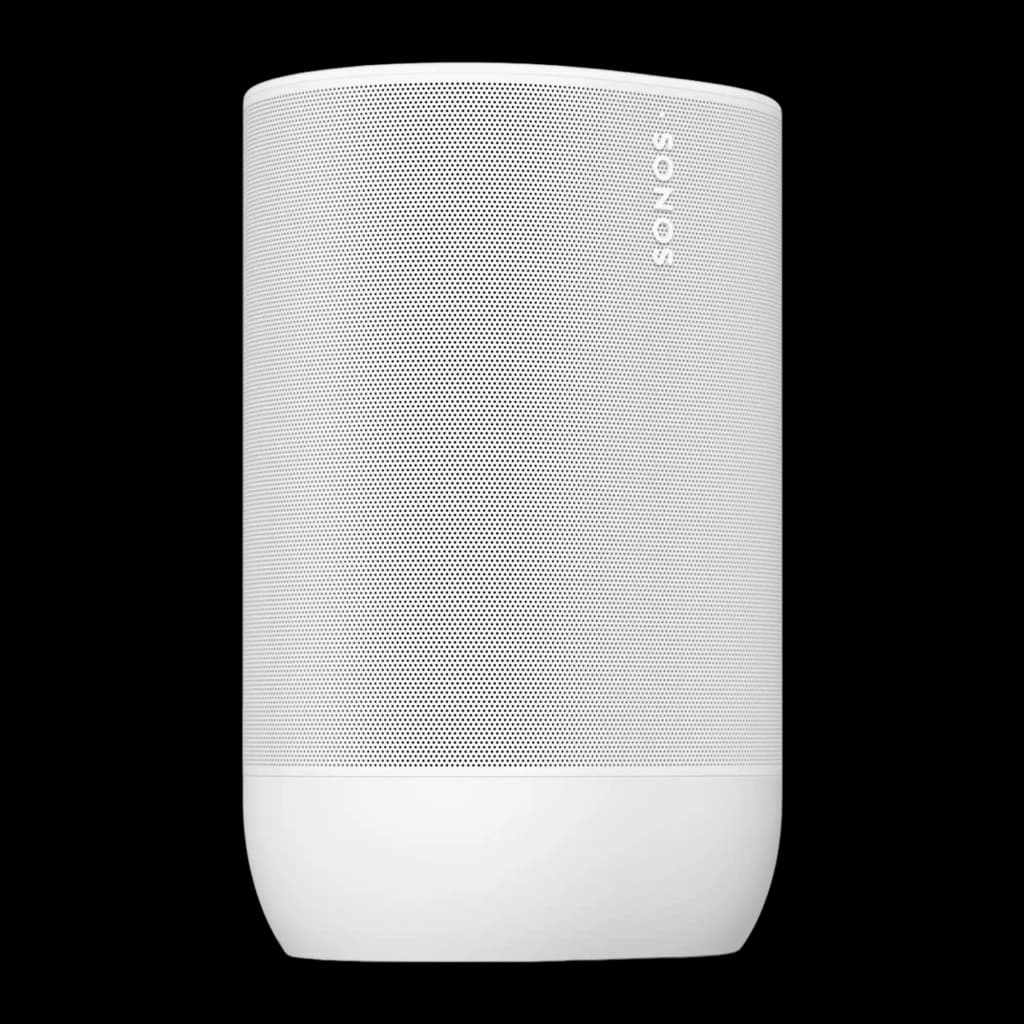Sonos Move 2 blanco, vista frontal: rejilla metálica perforada, base blanca y logo Sonos lateral