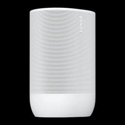 Sonos Move 2 blanco, vista frontal: rejilla metálica perforada, base blanca y logo Sonos lateral