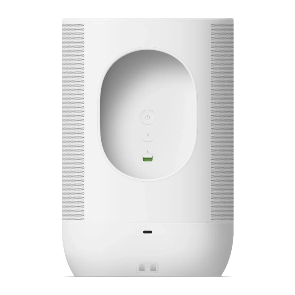 Sonos Move 2 blanc, vue de face: grille métallique perforée, base blanche et logo Sonos latéral - Ítem1