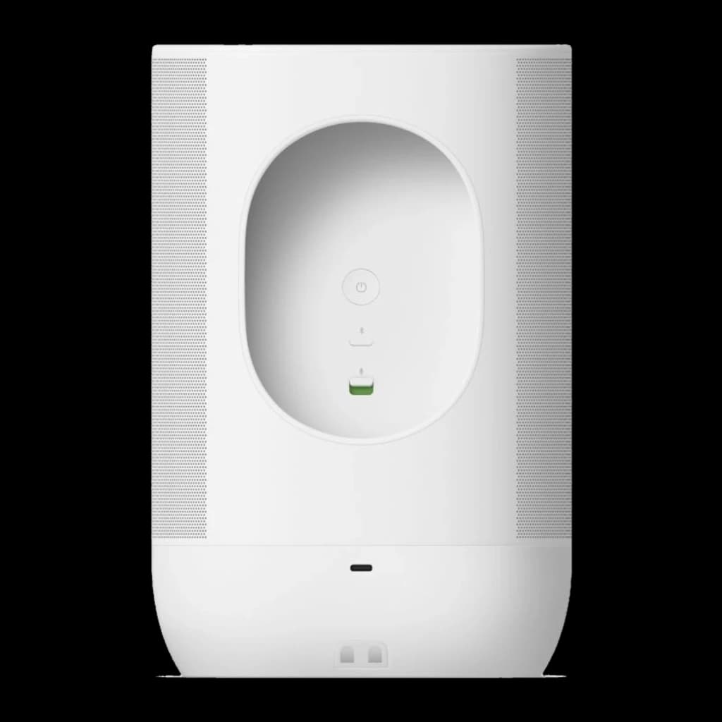 Sonos Move 2 blanco, vista trasera: cavidad oval con botón de encendido, micrófono e indicador verde