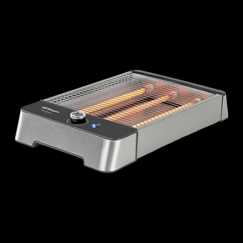 Orbegozo Grille-pain TO 2030 600W Argent, vue en perspective: résistances allumées, grille et bouton rotatif sur corps en