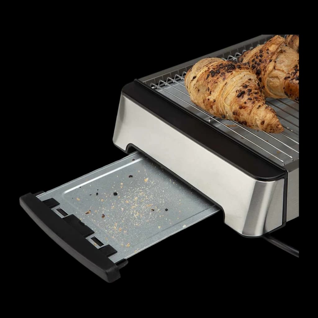 Orbegozo Grille-pain TO 2030 600W Argent, détail: tiroir ramasse-miettes sorti avec miettes et croissants grillés sur la